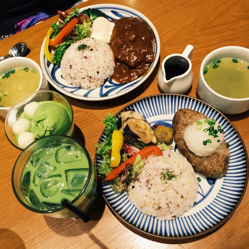 Something hamburg and something hamburg (both came with a side of rice/barley ad grilled veggies) with a matcha latte and matcha ice-cream and dumplings on matcha frappe (this is not an option for the set lunch)
